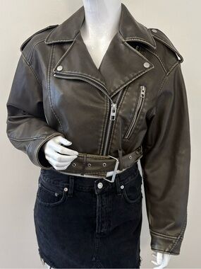 Zara Grey Green Cropped Vegan Faux Leather Oversize Cropped Motorcycle Jacket